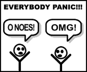 two stick figures running around in panic screaming "oh noes" and "omg"